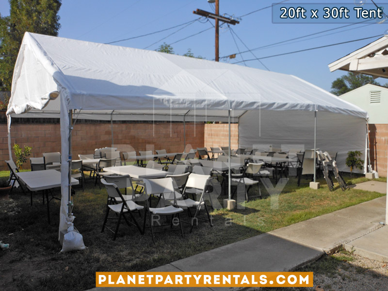 20ft x 30ft tent with sidewalls tables chairs and table cloths | san fernando valley party rentals