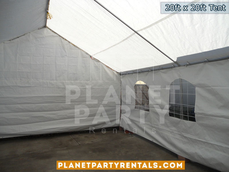 20ft x 20ft white party tent with rectangular tables and white plastic chairs | San Fernando Valley | Simi Valley | Santa Clarita | West Los Angeles