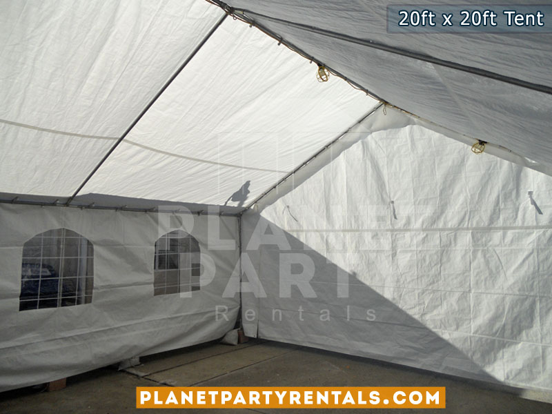 20ft x 20ft white party tent with rectangular tables and white plastic chairs | San Fernando Valley | Simi Valley | Santa Clarita | West Los Angeles
