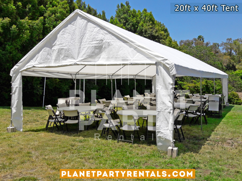 20x40 White Party Tent on grass with 60" Round Tables and White Plastic Chairs