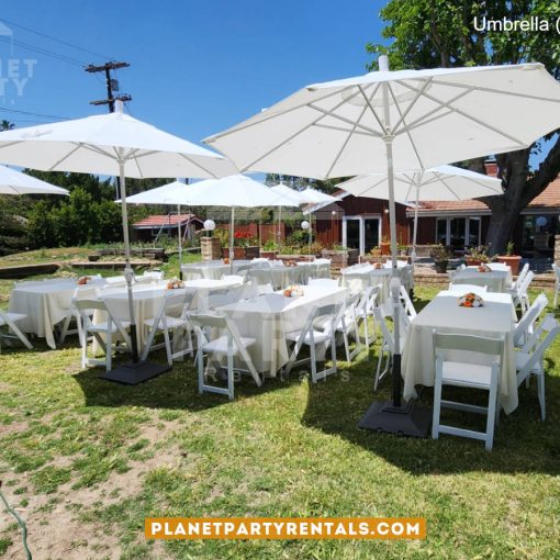 9ft Wide White Umbrella with rectangular tables and white wooden chairs